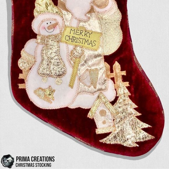 VINTAGE CHRISTMAS STOCKING APPLIQUÉ SANTA & SNOWMAN VELVET FELT IN RED & GOLD - Picture 6 of 13